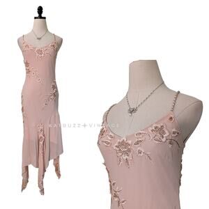 Vintage Sue Wong Prom Dress Maxi Gown 10 Pink Silk Y2K Fairy Bead Floral Nymph